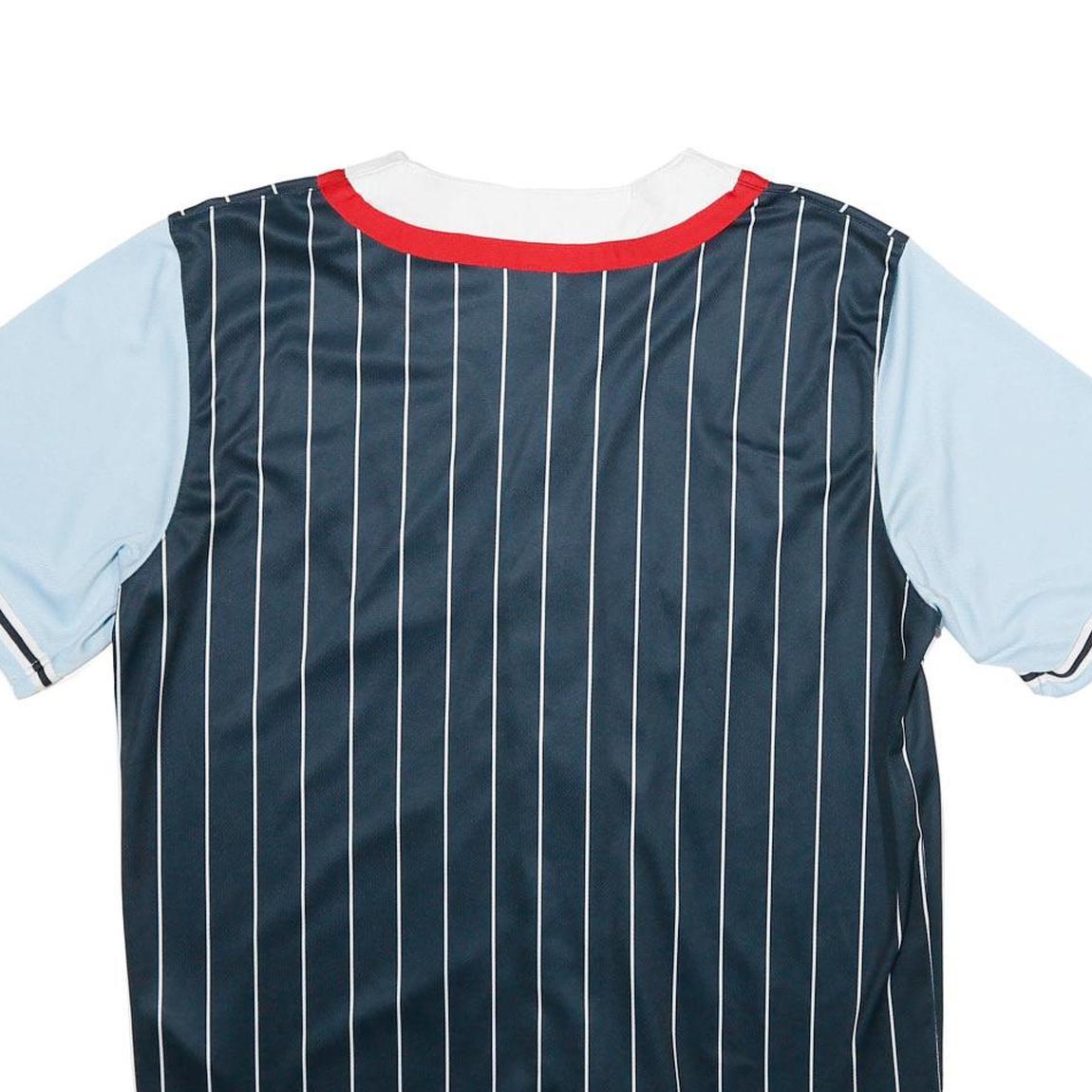 KARL KANI Mens Blue & Navy Button Front Pinstripe Jersey M Short Sleeve V-Neck