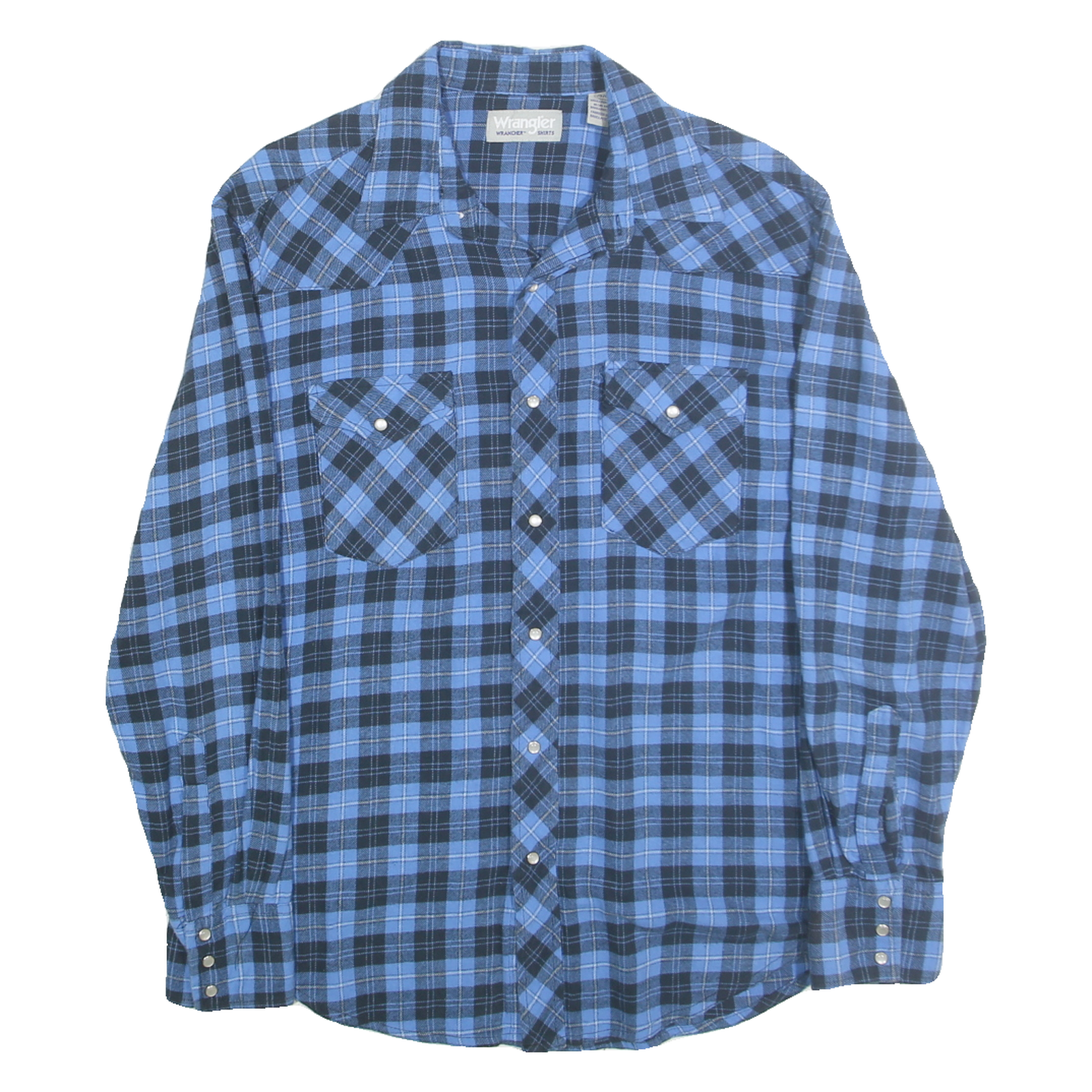 WRANGLER Mens Blue & Black Check Shirt L Western Cotton Long Sleeve Casual