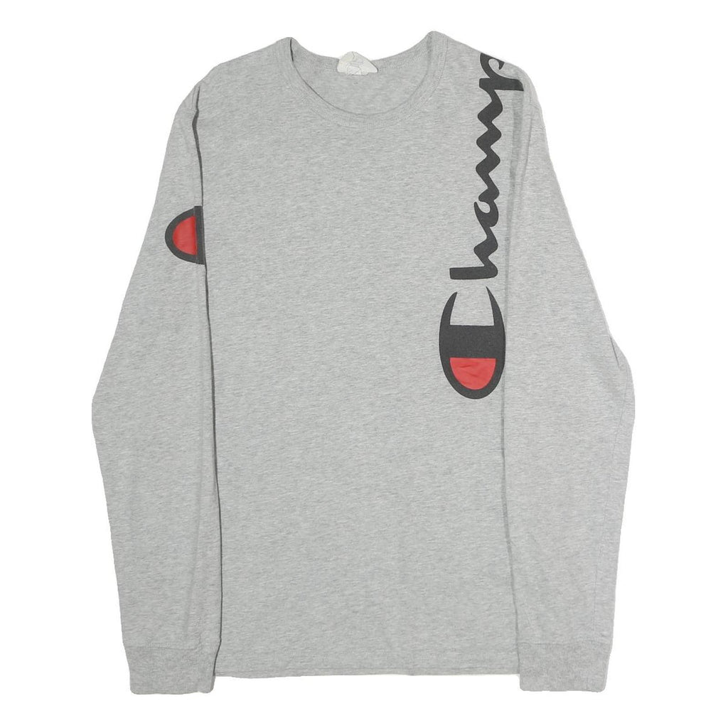 CHAMPION Mens Grey Graphic T-Shirt M Long Sleeve Crew Neck Cotton Logo