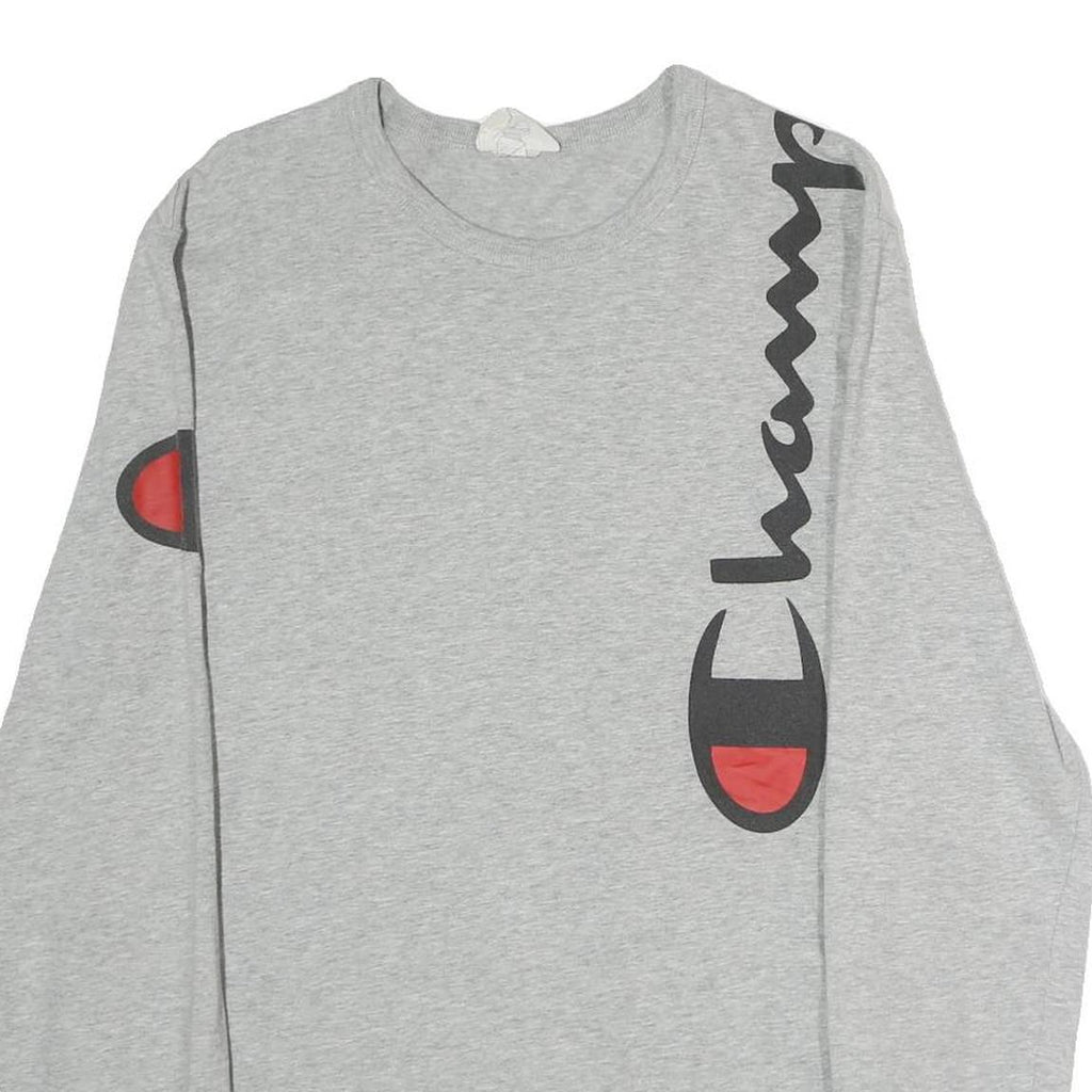 CHAMPION Mens Grey Graphic T-Shirt M Long Sleeve Crew Neck Cotton Logo