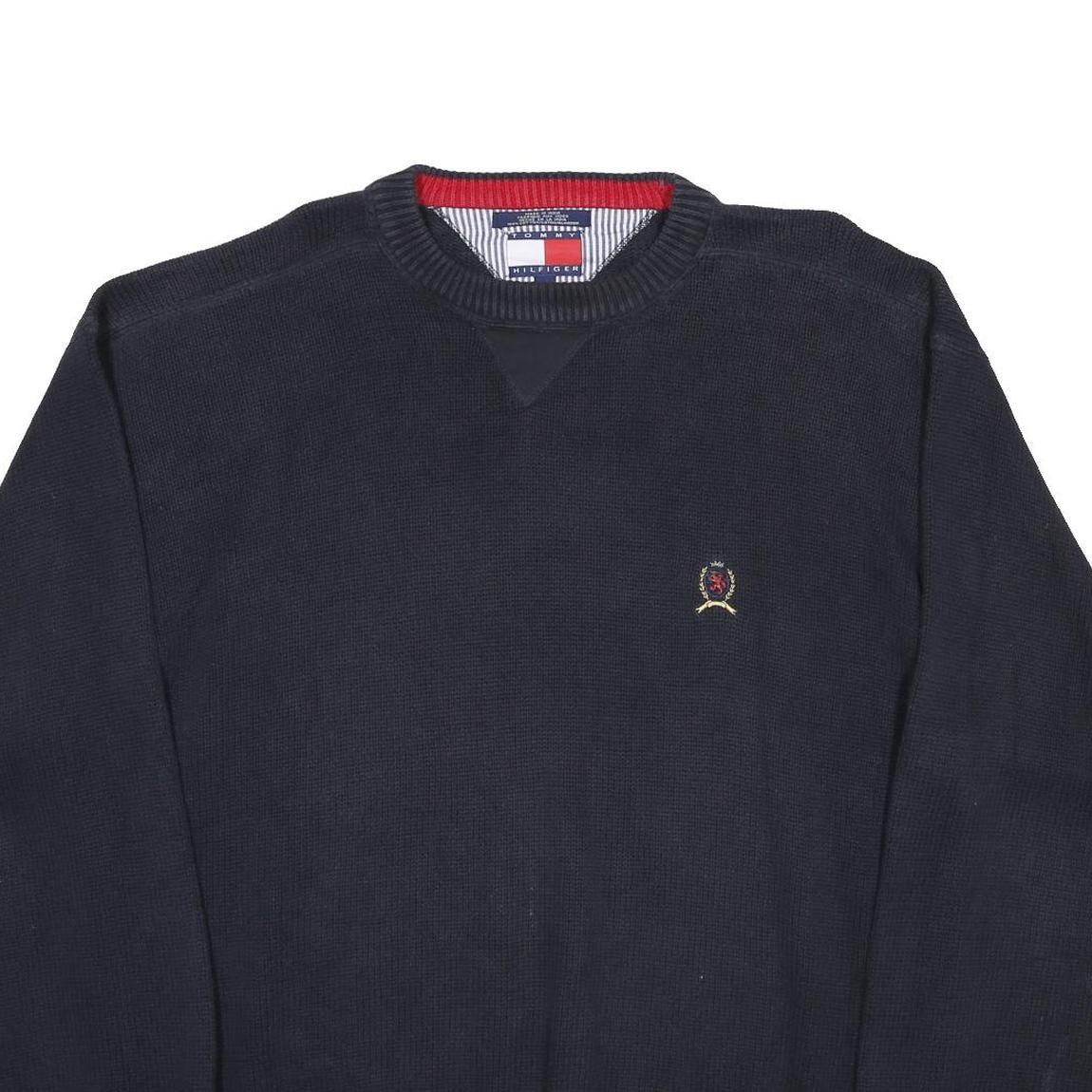 TOMMY HILFIGER Mens Navy Plain Cotton Jumper Crew Neck Basic Knit XL Cotton