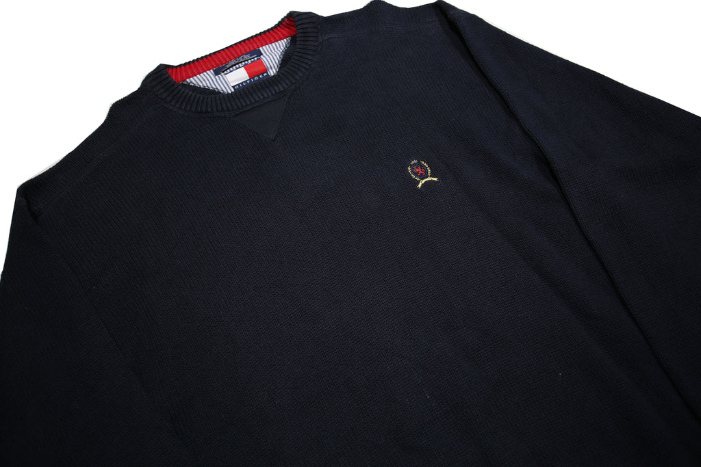 TOMMY HILFIGER Mens Navy Plain Cotton Jumper Crew Neck Basic Knit XL Cotton