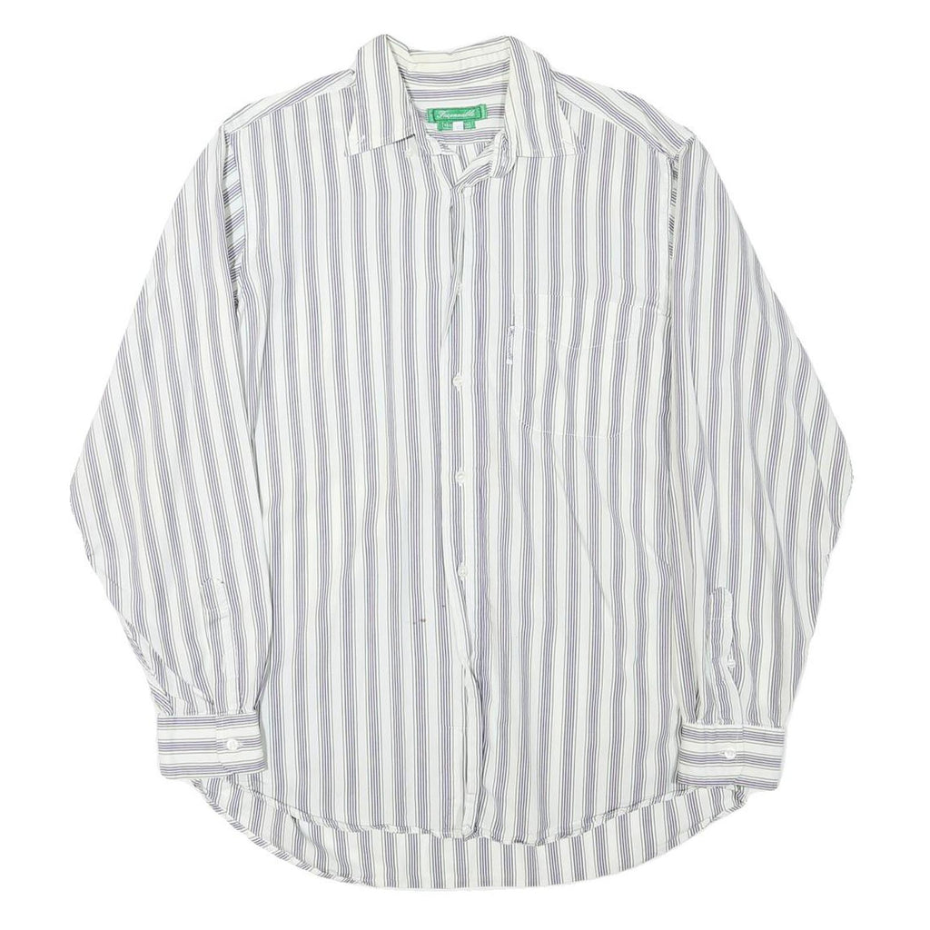 FALCONALLE Mens White & Grey Striped Shirt M Classic Cotton Blend Long Sleeve