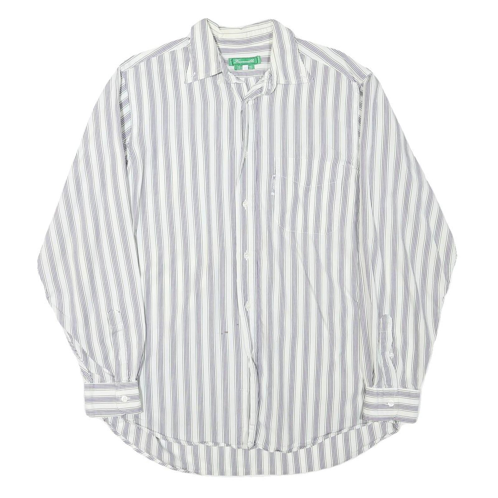 FALCONALLE Mens White & Grey Striped Shirt M Classic Cotton Blend Long Sleeve