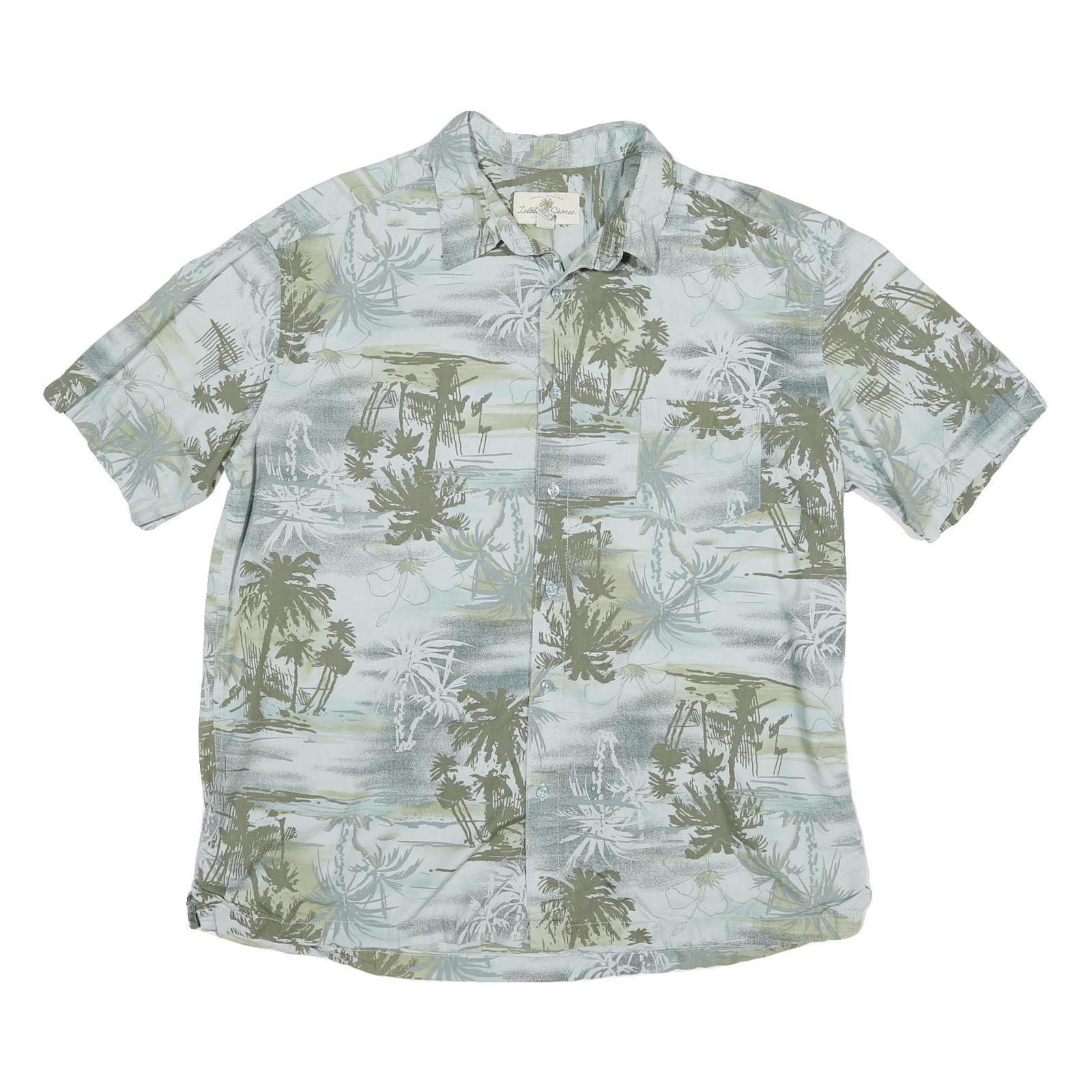 ISLAND SHORES Mens Green & Grey Tropical Print Shirt XL Cotton Blend Summer