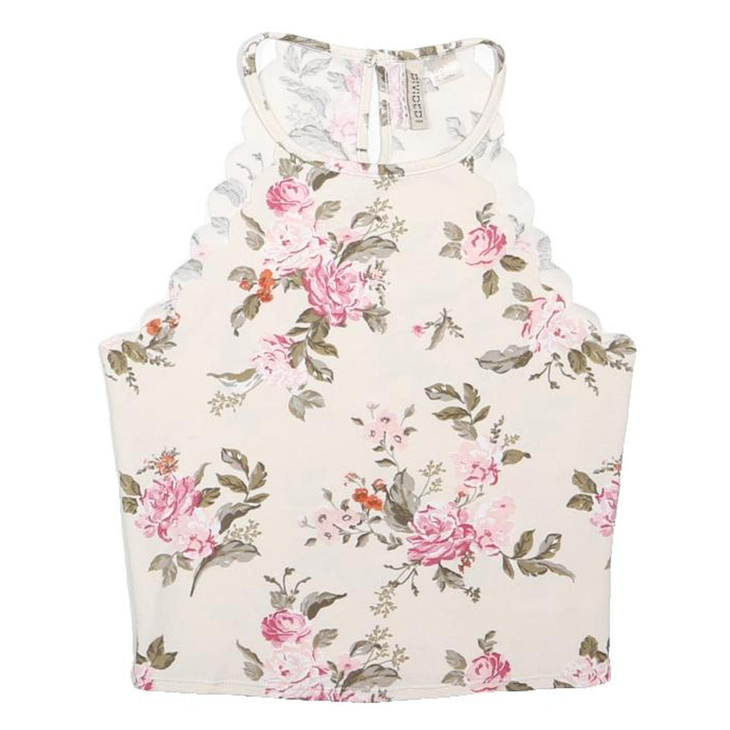 DIVIDED Womens Cream Pink Floral Halter Neck Sleeveless Top S Scalloped Edge
