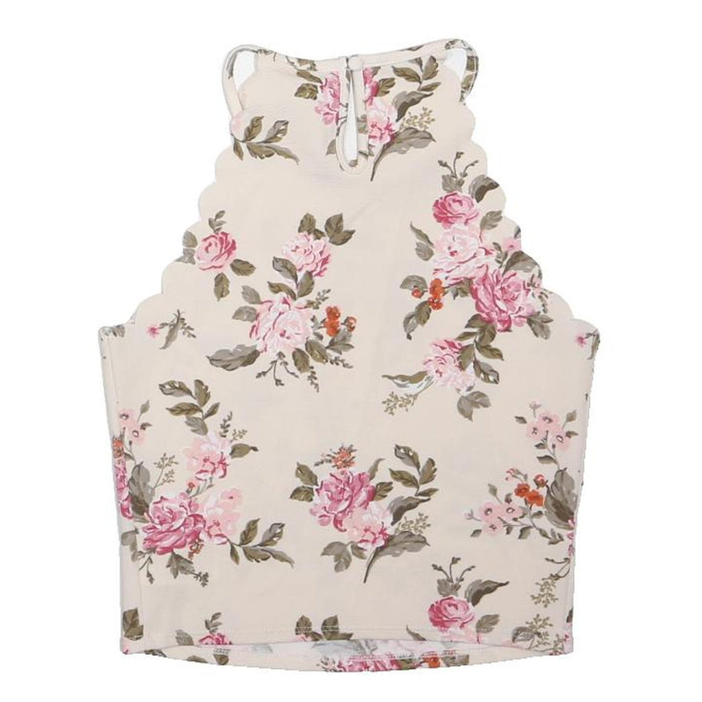 DIVIDED Womens Cream Pink Floral Halter Neck Sleeveless Top S Scalloped Edge