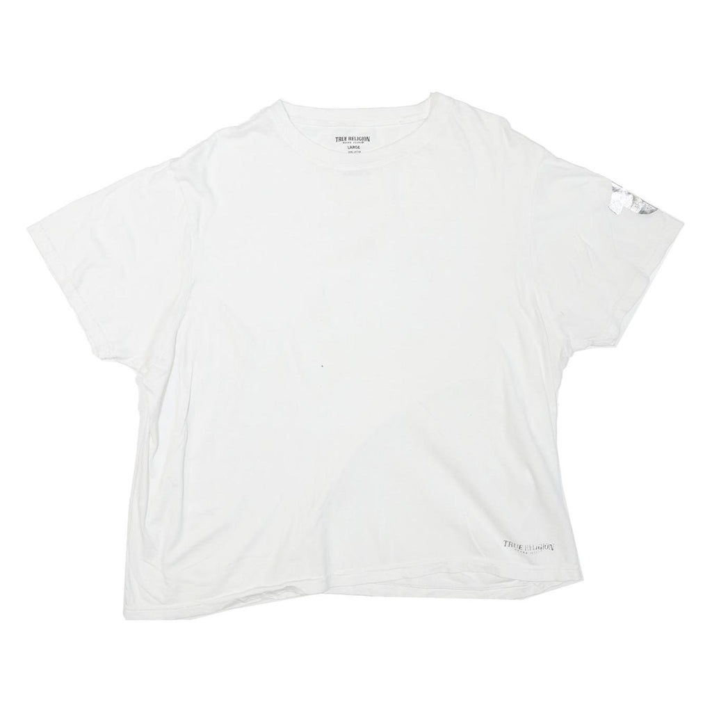TRUE RELIGION Womens White Graphic T-Shirt L Short Sleeve Crew Neck Logo