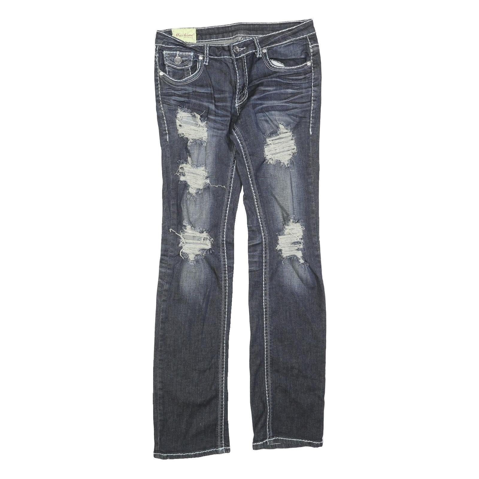 MACHINE Womens Regular Fit Blue Denim Distressed Straight Jeans W32 L32 Stylish