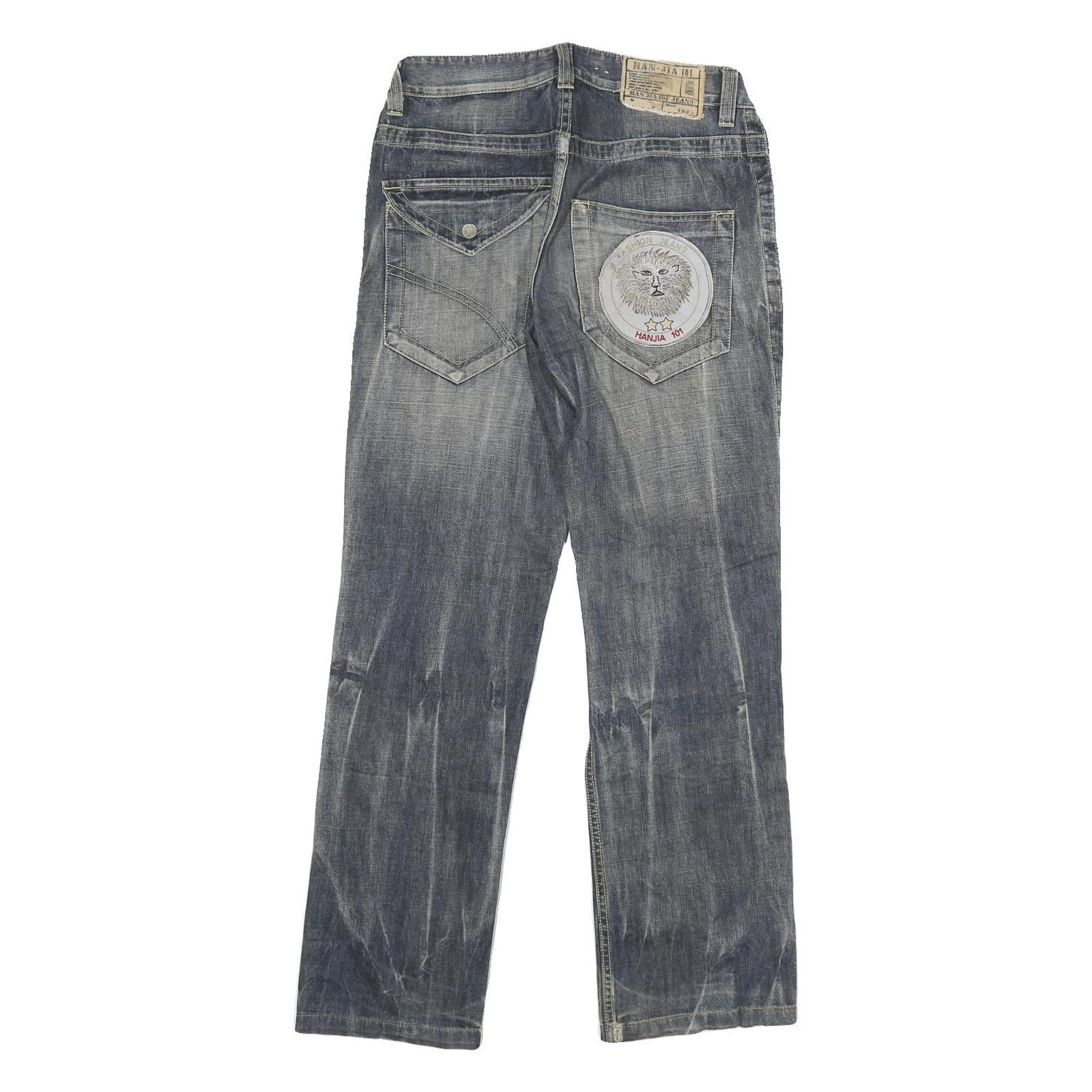 HANJA Womens Regular Fit Blue Denim Medium Wash Jeans W28 L30 Embroidered Patch