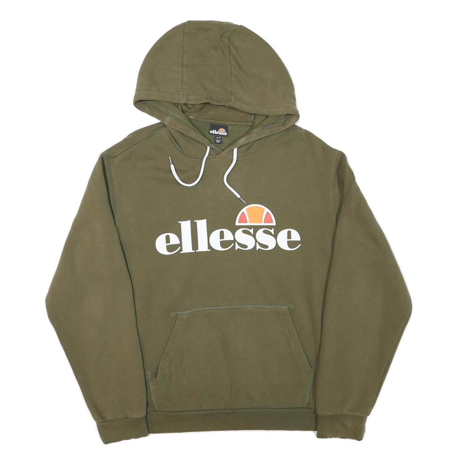 ELLESSE Womens Green Cotton Blend Pullover Hoodie UK 14 Logo Sweatshirt