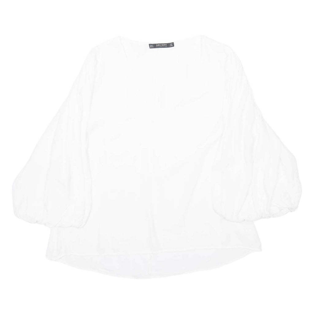 ZARA Womens Blouse White V-Neck Puff Sleeve Viscose M