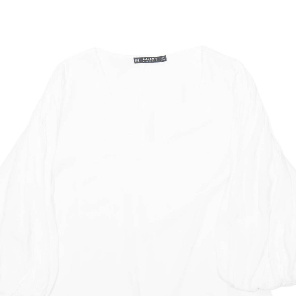 ZARA Womens Blouse White V-Neck Puff Sleeve Viscose M