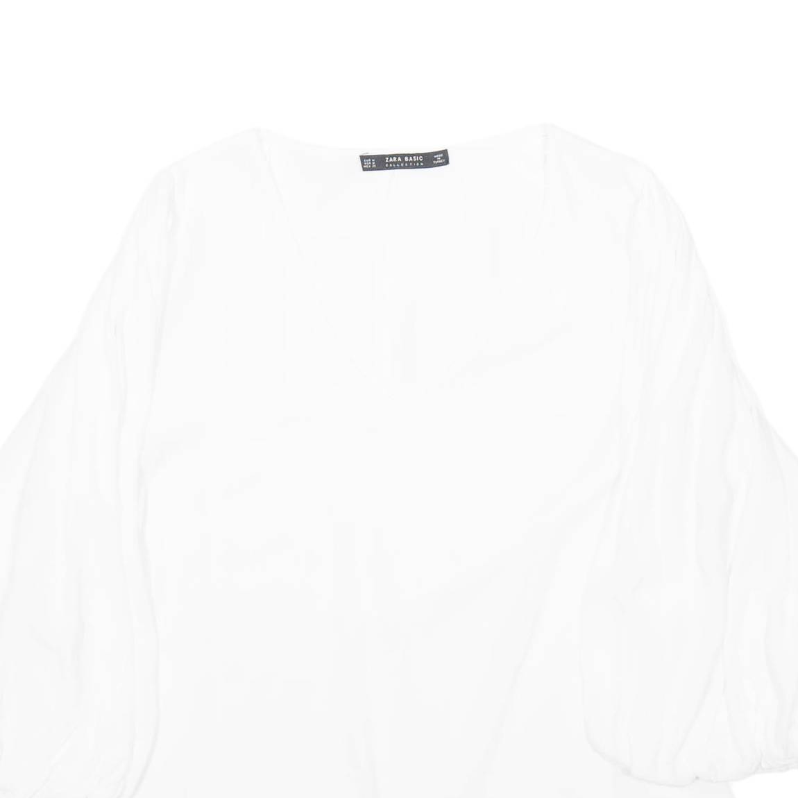 ZARA Womens Blouse White V-Neck Puff Sleeve Viscose M