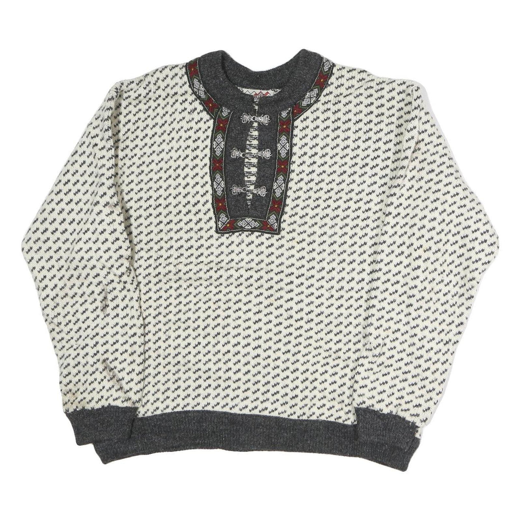 BERGENS Womens Cream & Grey Patterned Wool Jumper Round Neck Basic Knit L