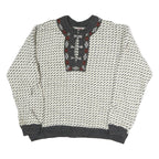 BERGENS Womens Cream & Grey Patterned Wool Jumper Round Neck Basic Knit L