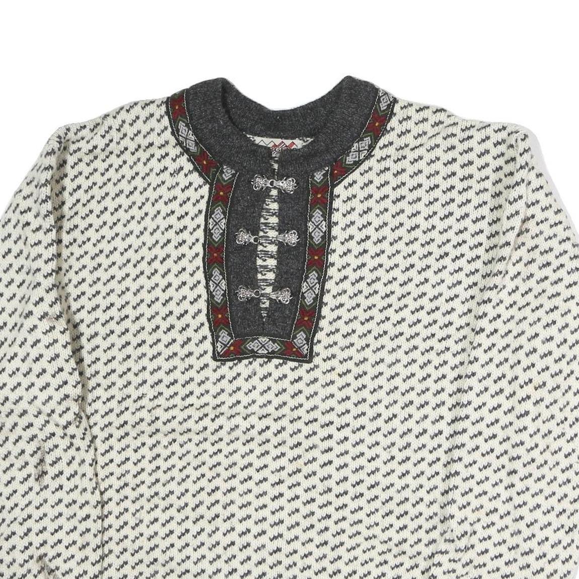 BERGENS Womens Cream & Grey Patterned Wool Jumper Round Neck Basic Knit L