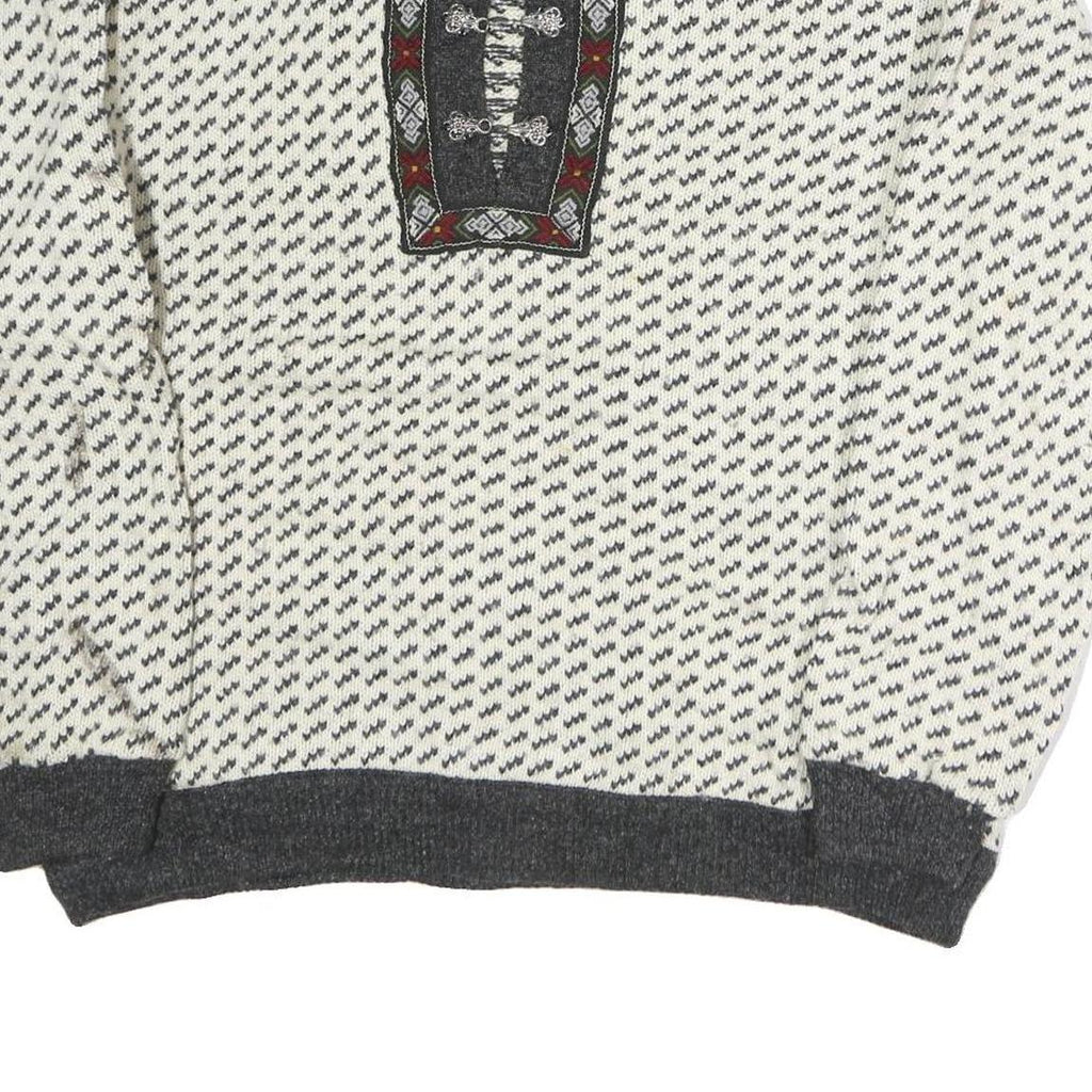 BERGENS Womens Cream & Grey Patterned Wool Jumper Round Neck Basic Knit L
