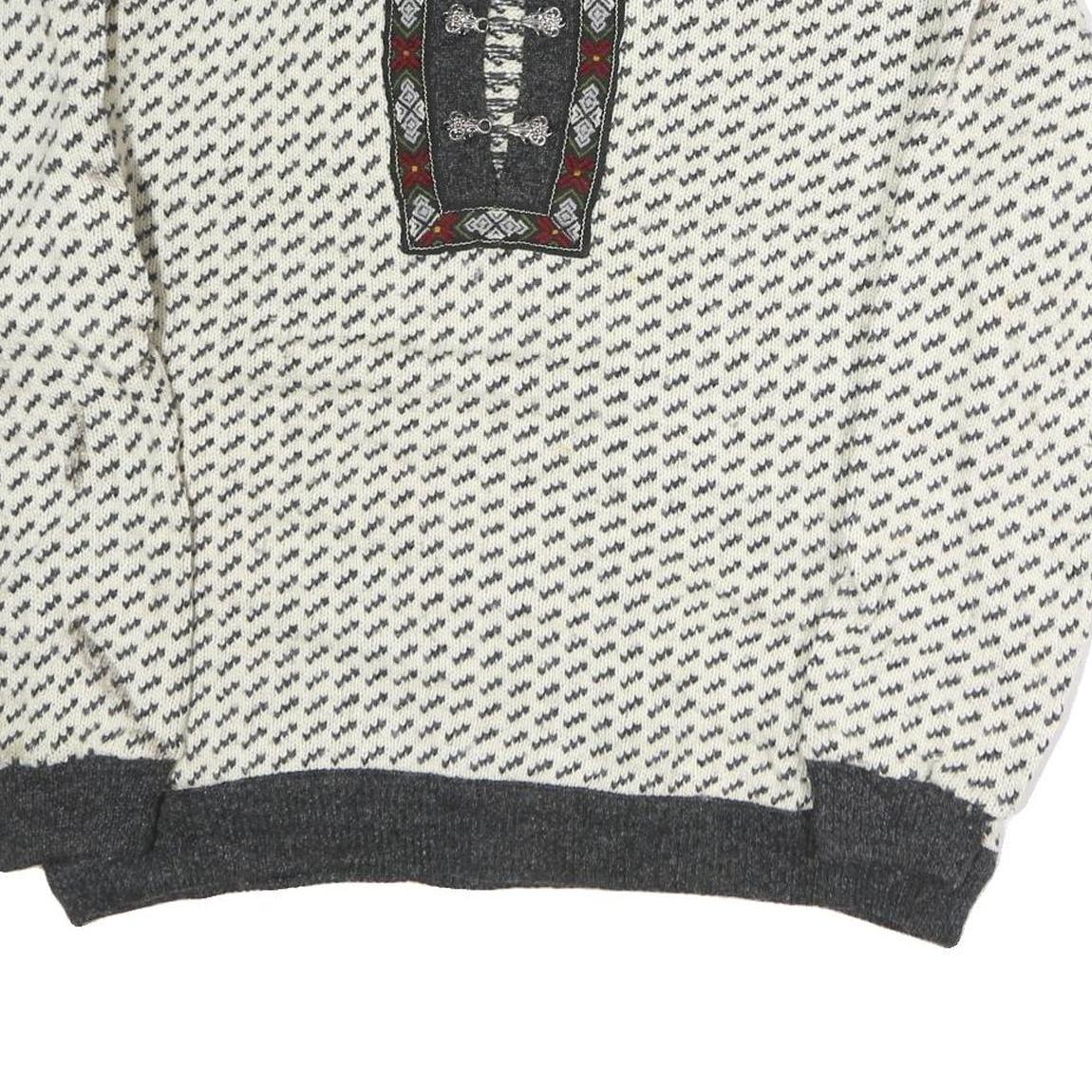 BERGENS Womens Cream & Grey Patterned Wool Jumper Round Neck Basic Knit L