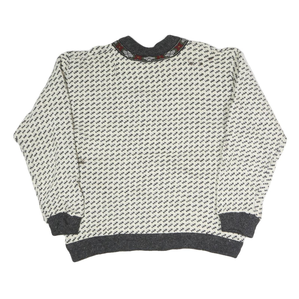 BERGENS Womens Cream & Grey Patterned Wool Jumper Round Neck Basic Knit L