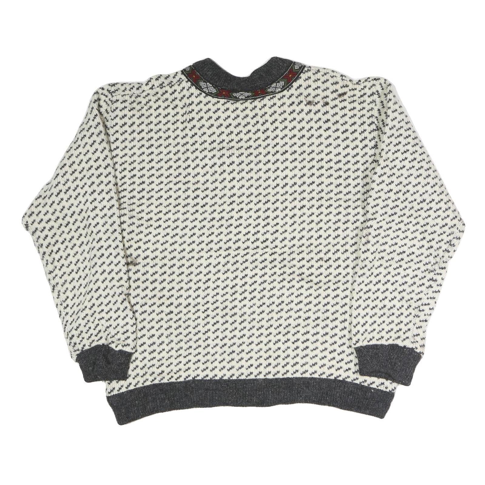 BERGENS Womens Cream & Grey Patterned Wool Jumper Round Neck Basic Knit L