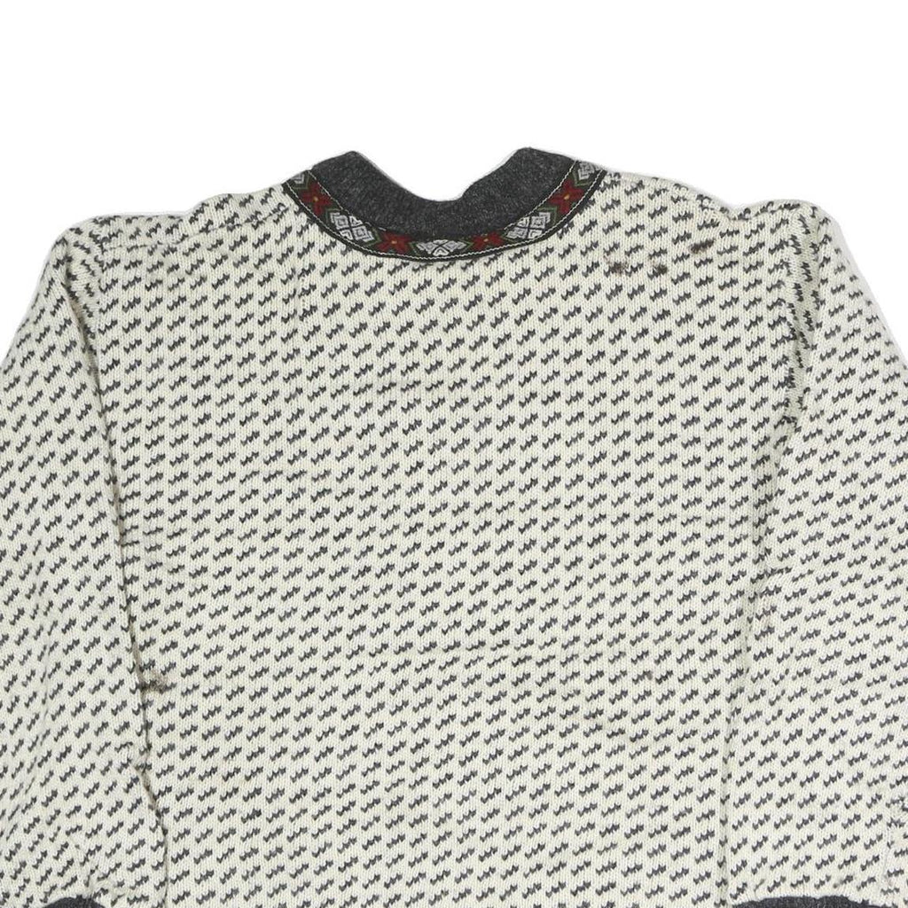 BERGENS Womens Cream & Grey Patterned Wool Jumper Round Neck Basic Knit L