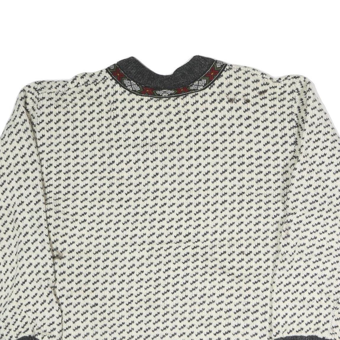 BERGENS Womens Cream & Grey Patterned Wool Jumper Round Neck Basic Knit L