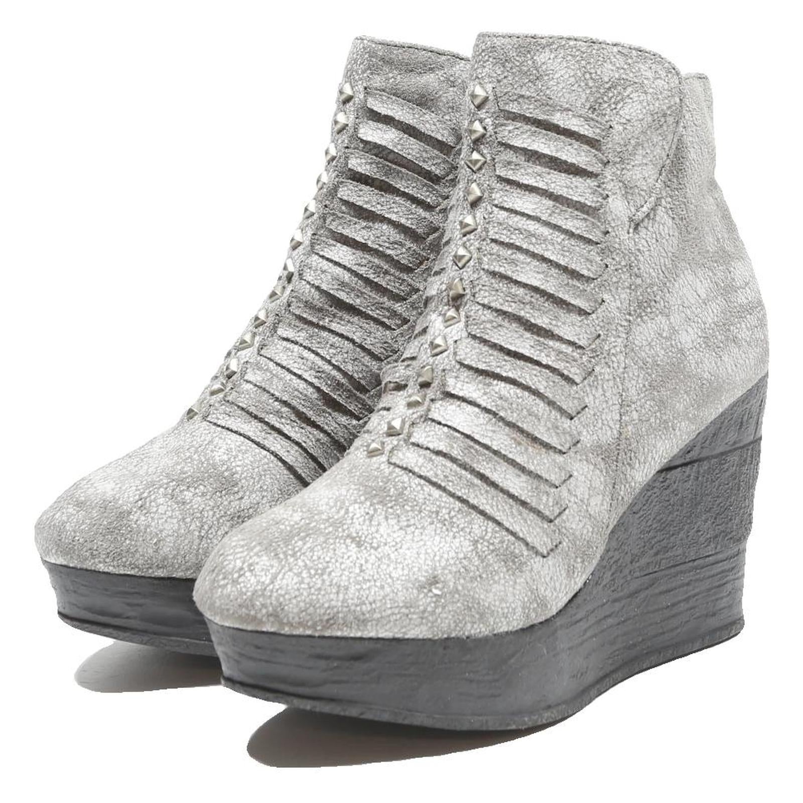 SLICCA Womens Wedge Ankle Boots Silver Leather UK 7 Stylish Comfortable Footwear