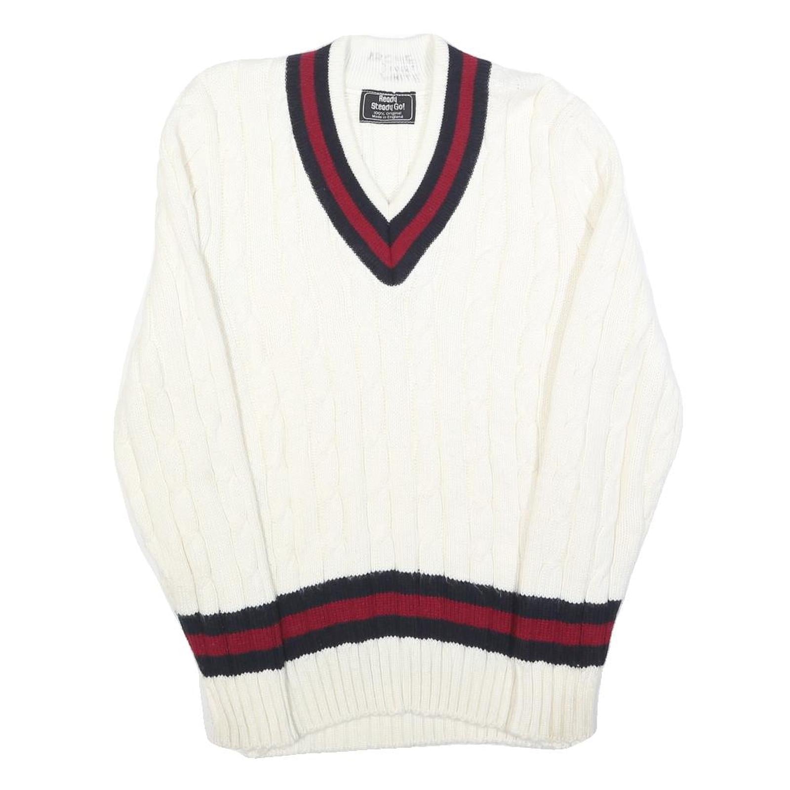 REDAY STEADY GO Womens White Navy & Red Patterned Jumper V-Neck Cable Knit S