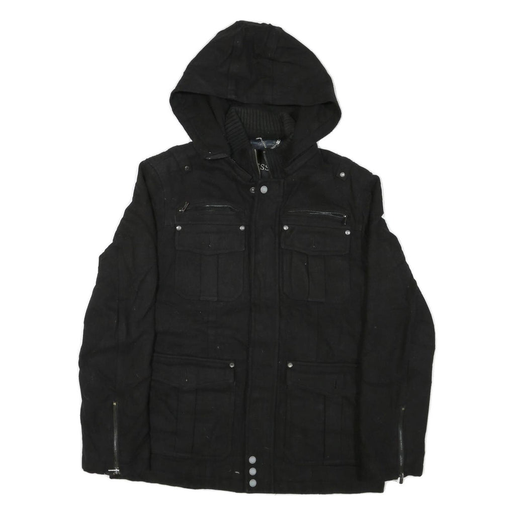 GUESS Mens Black Zip Jacket M Cotton Blend Hooded Casual Style