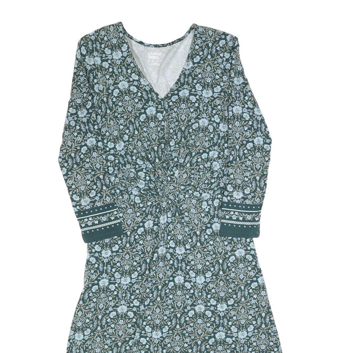 LANDS END Womens Green Floral Day Cotton Blend Dress Long Sleeve XS