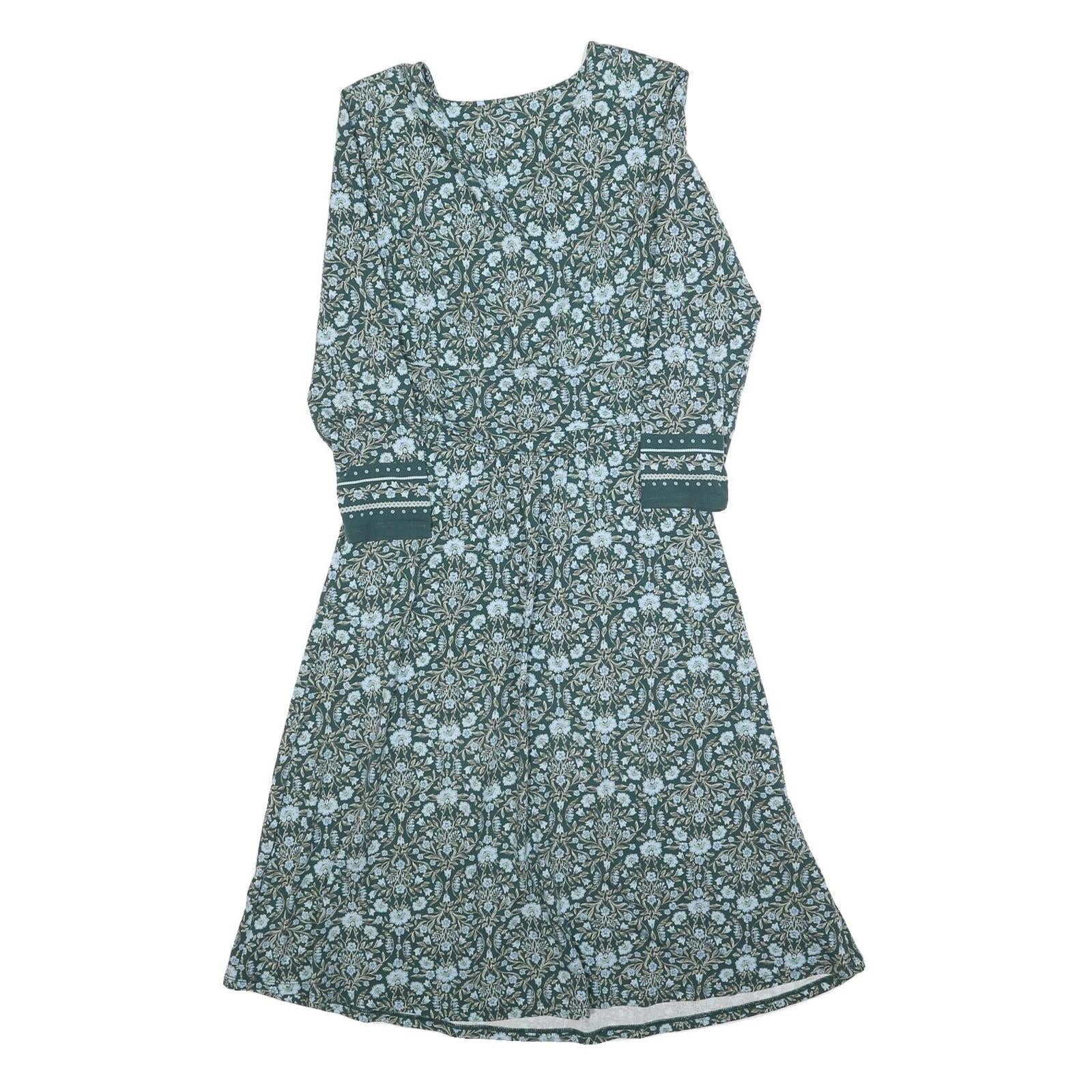 LANDS END Womens Green Floral Day Cotton Blend Dress Long Sleeve XS