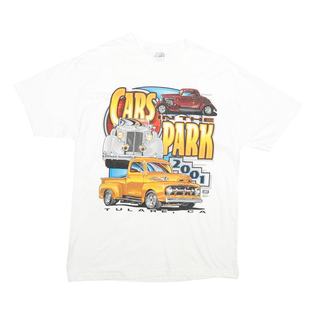 HANES Mens White Cars In The Park Graphic T-Shirt L Short Sleeve Crew Neck