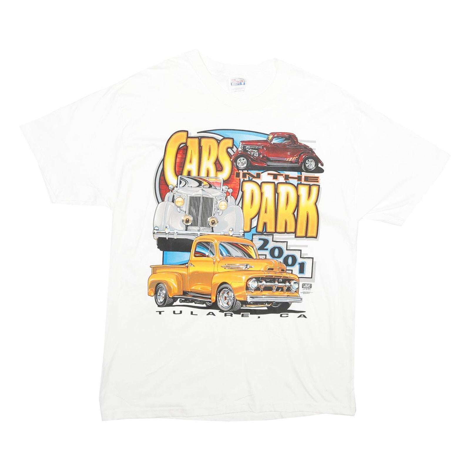 HANES Mens White Cars In The Park Graphic T-Shirt L Short Sleeve Crew Neck