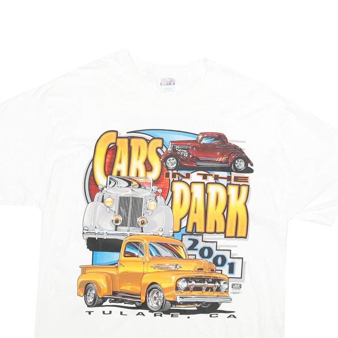 HANES Mens White Cars In The Park Graphic T-Shirt L Short Sleeve Crew Neck