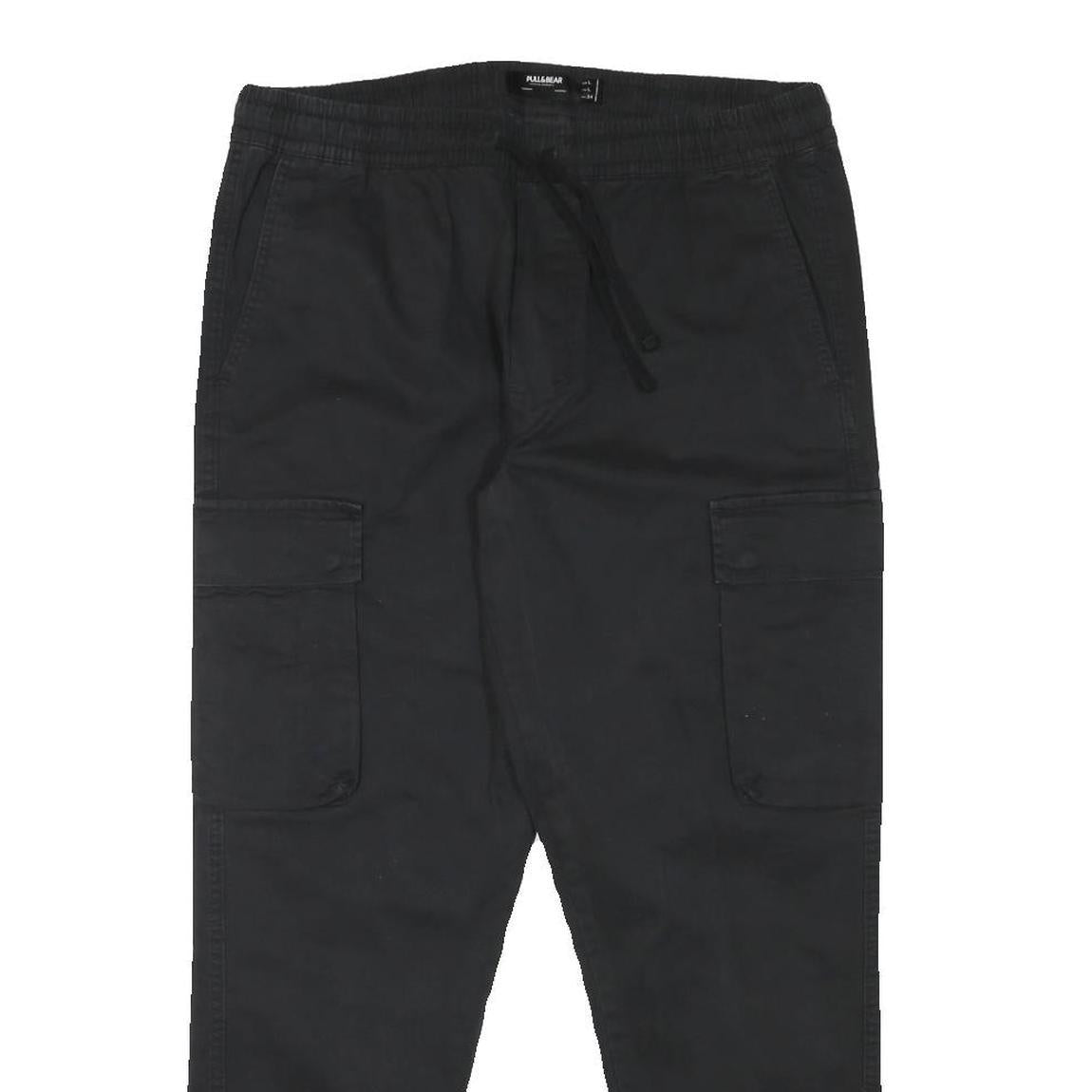 PULL & BEAR Mens Cotton Blend Black Relaxed Drawstring Cargo Trousers W32 L28