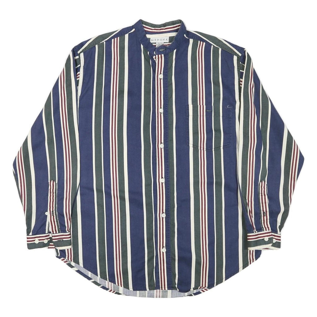 MERONA Mens Blue Green White Stripe Cotton Blend Shirt L Casual Button Collar