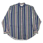 MERONA Mens Blue Green White Stripe Cotton Blend Shirt L Casual Button Collar