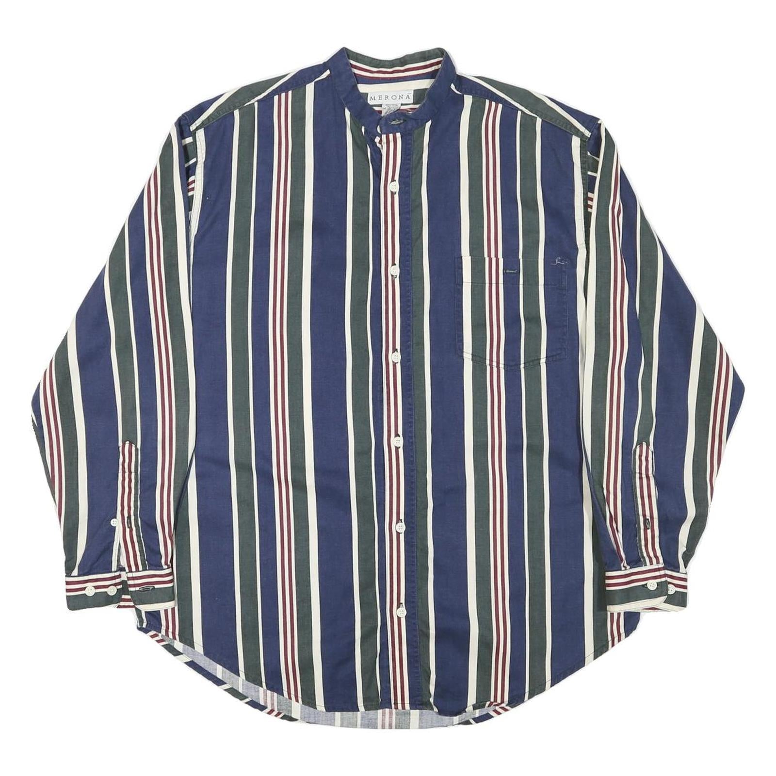MERONA Mens Blue Green White Stripe Cotton Blend Shirt L Casual Button Collar