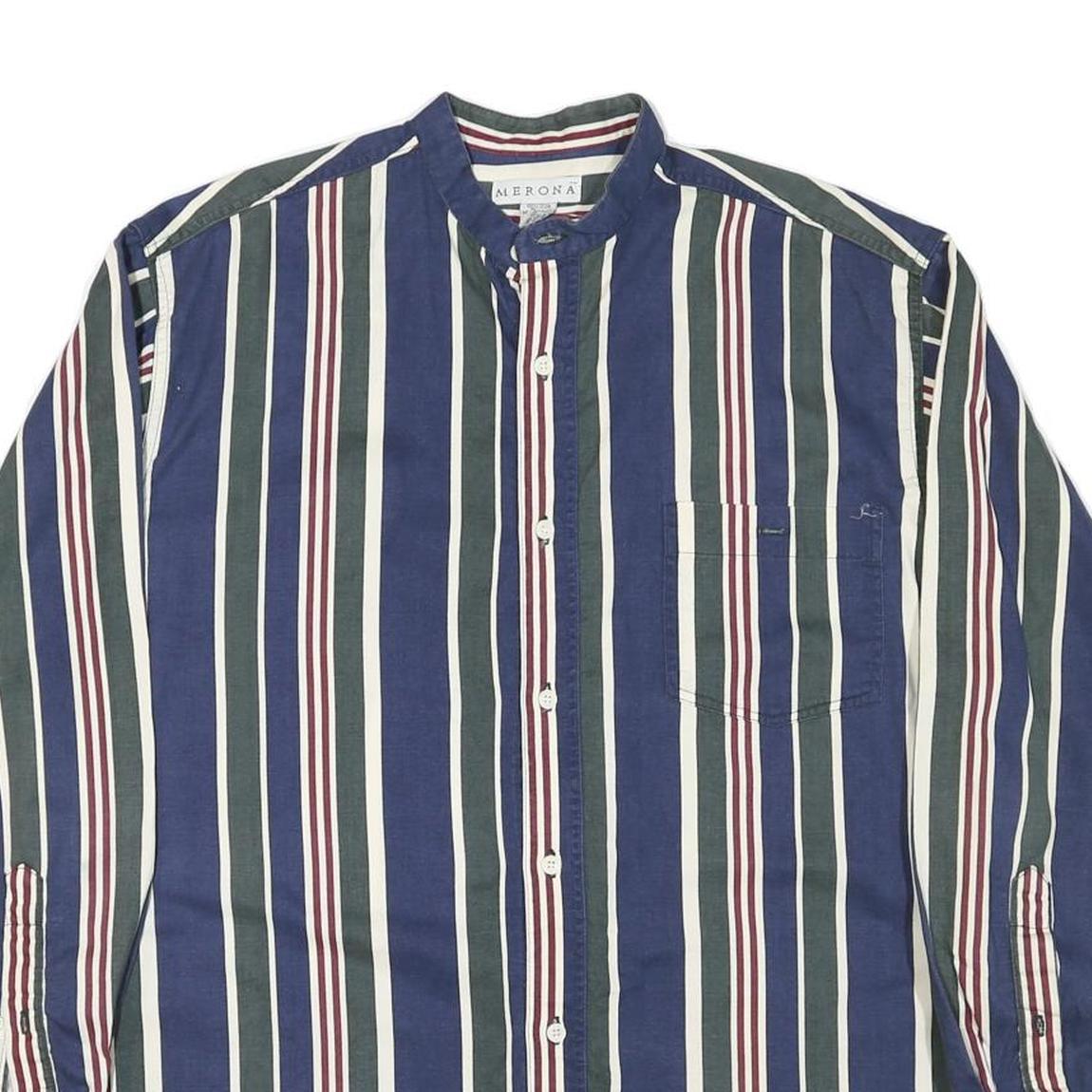 MERONA Mens Blue Green White Stripe Cotton Blend Shirt L Casual Button Collar