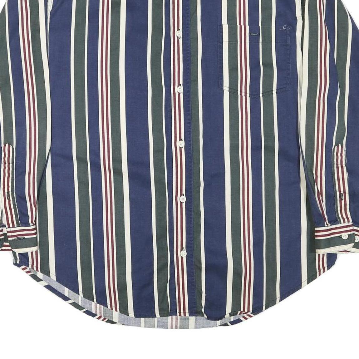 MERONA Mens Blue Green White Stripe Cotton Blend Shirt L Casual Button Collar