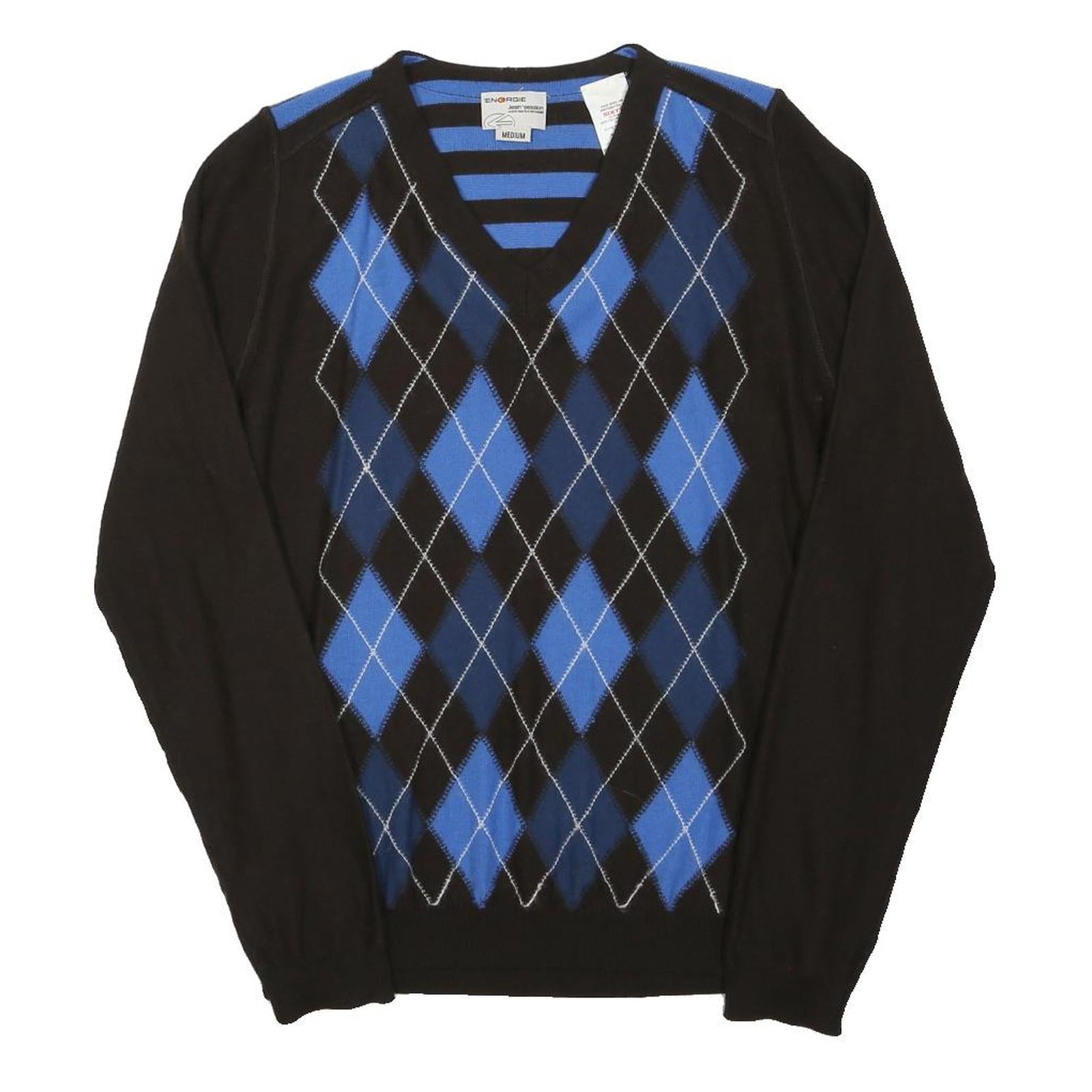 ENERGIE Mens Blue & Black Patterned Cotton Blend V-Neck Jumper M Classic Style