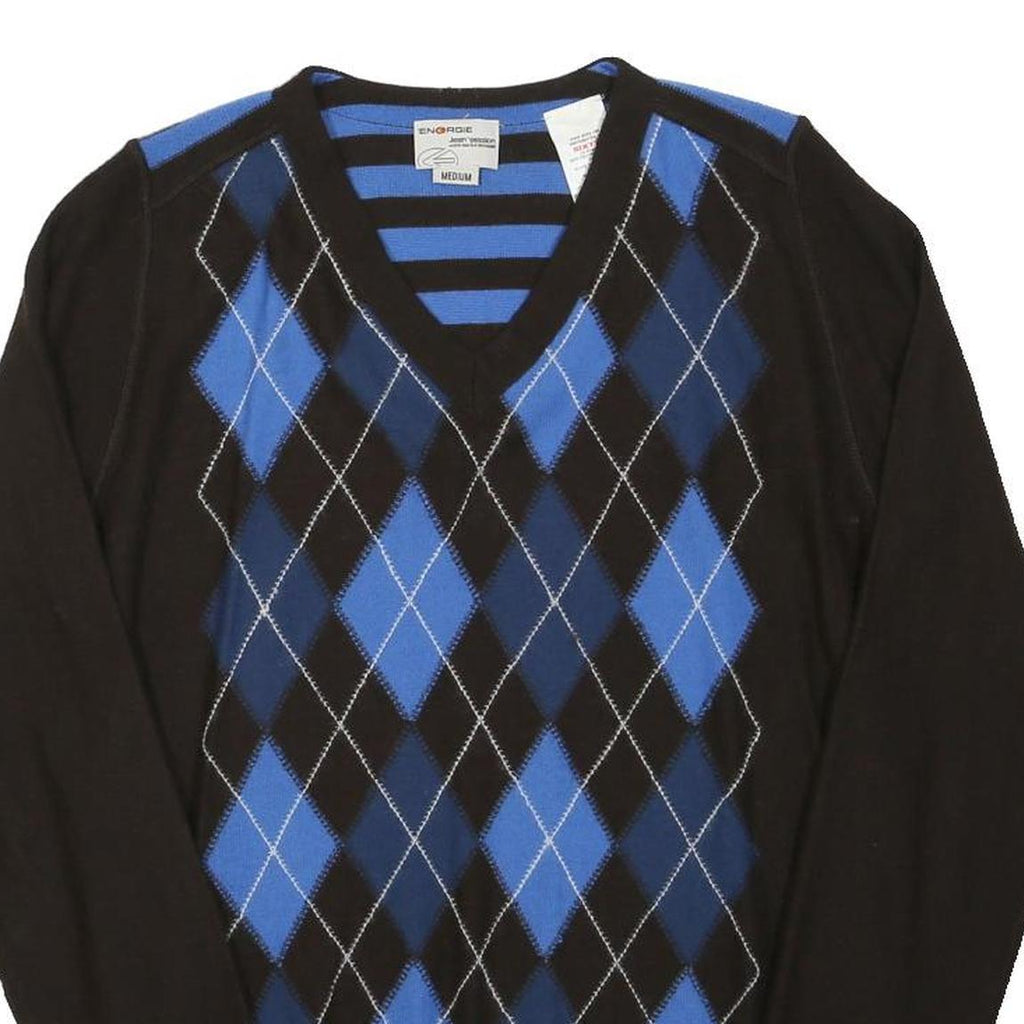 ENERGIE Mens Blue & Black Patterned Cotton Blend V-Neck Jumper M Classic Style