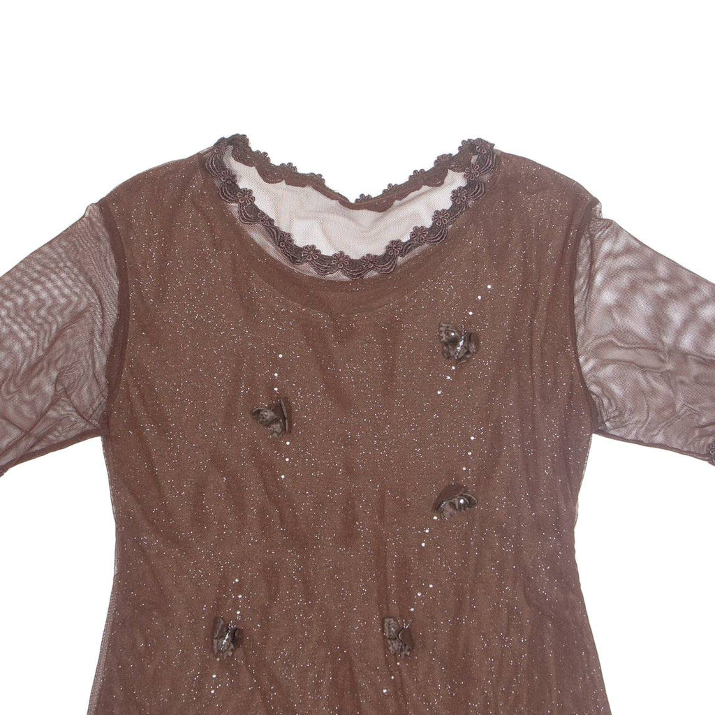 Rhinestone Glitter Butterfly Womens Blouse Brown M