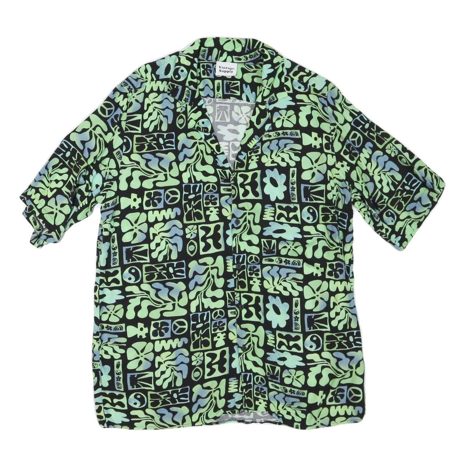 VINTAGE SUPPLY Mens Black Green Abstract Print Shirt L Relaxed Cotton Blend