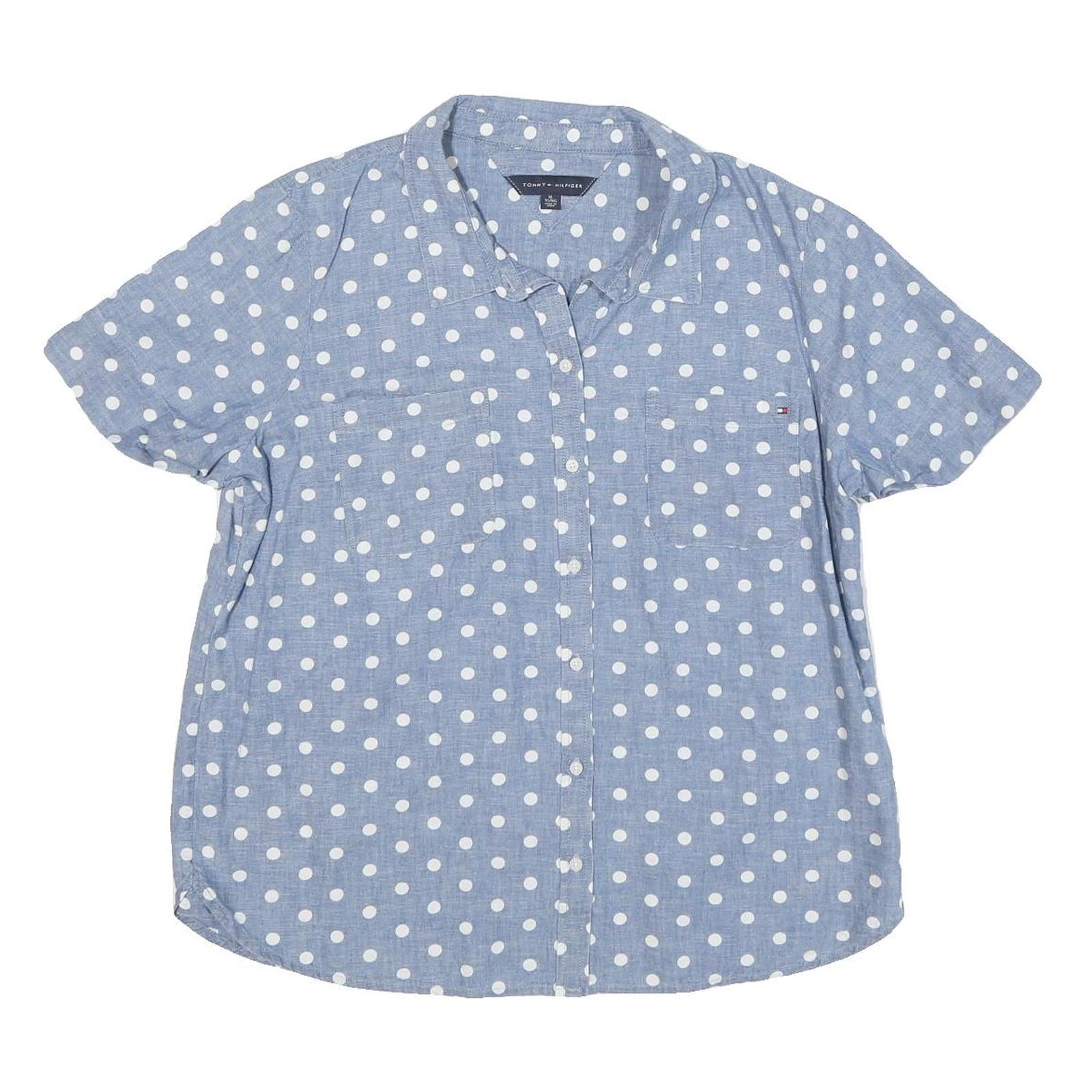 TOMMY HILFIGER Womens Blue & White Polka Dot Shirt XL Cotton Blend Summer Casual