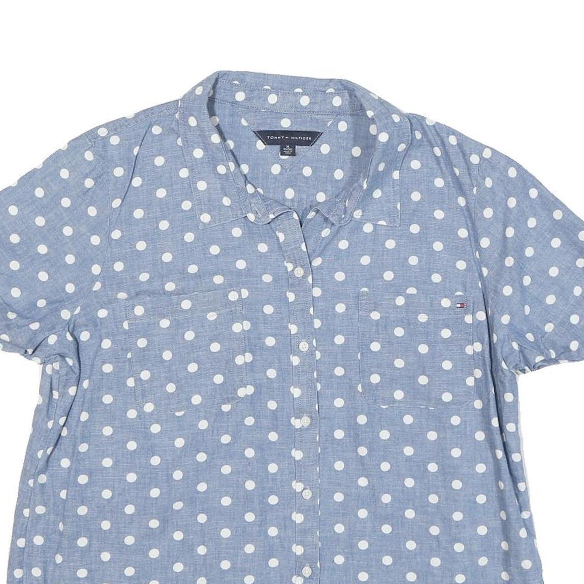 TOMMY HILFIGER Womens Blue & White Polka Dot Shirt XL Cotton Blend Summer Casual