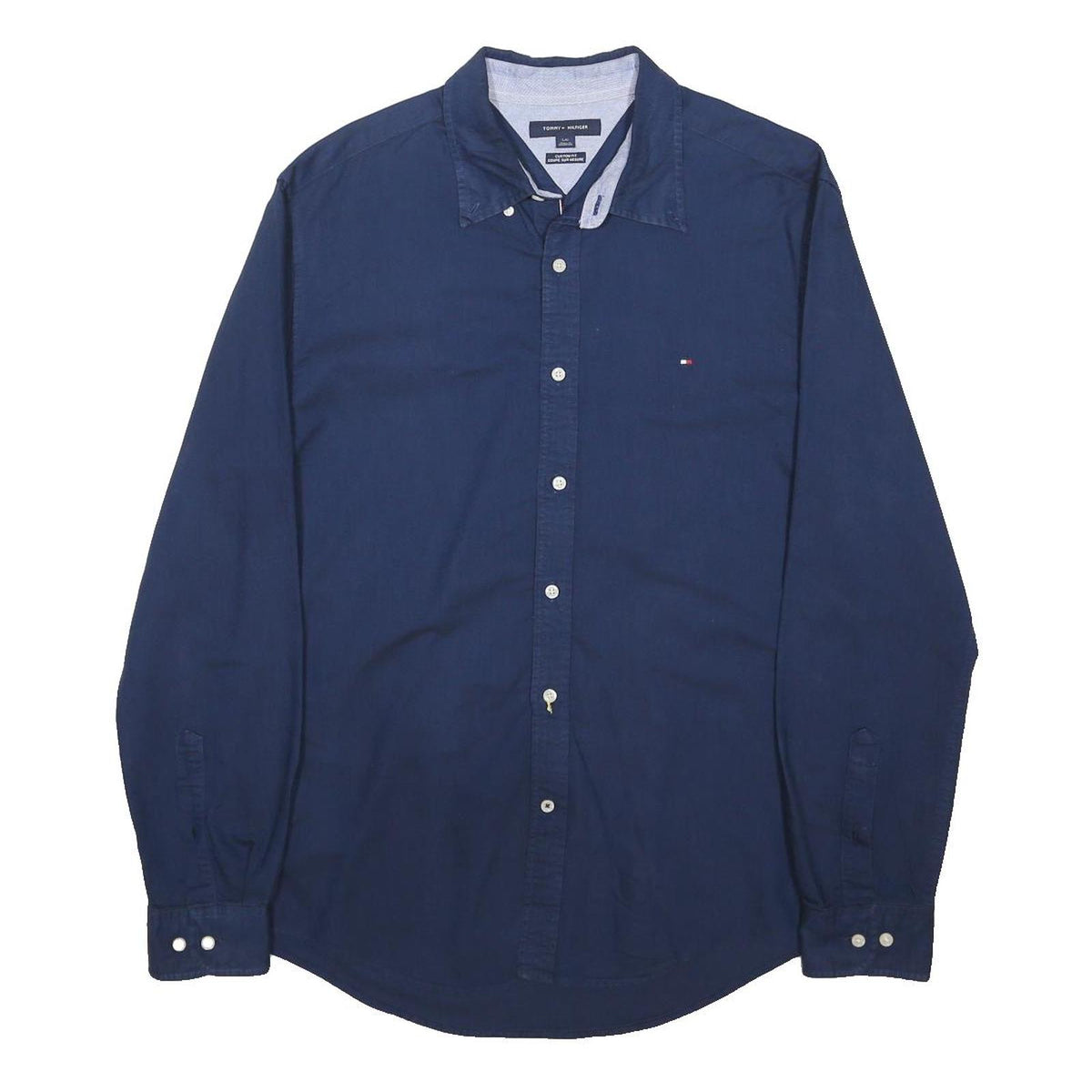 TOMMY HILFIGER Mens Blue Plain Cotton Blend Shirt L Classic Button Down Casual