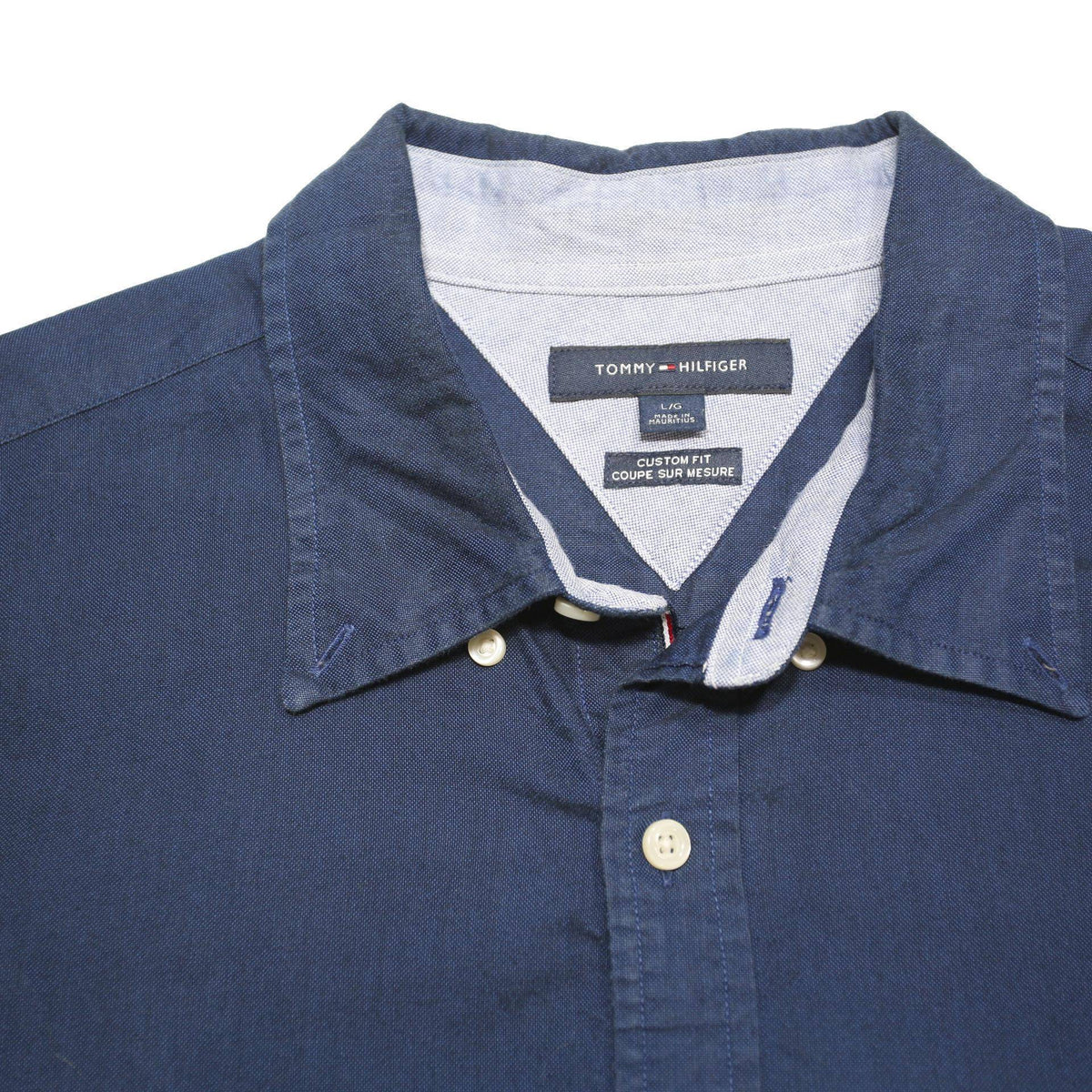 TOMMY HILFIGER Mens Blue Plain Cotton Blend Shirt L Classic Button Down Casual
