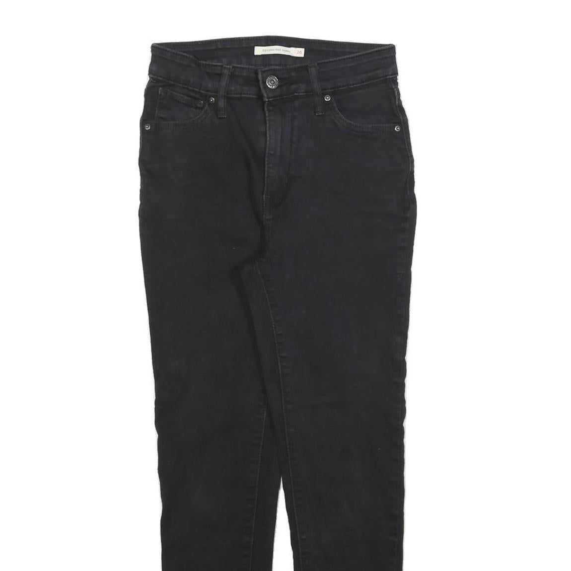 LEVI'S 721 Womens Jeans Black Slim Skinny Denim W26 L26 Raw Hem Zip